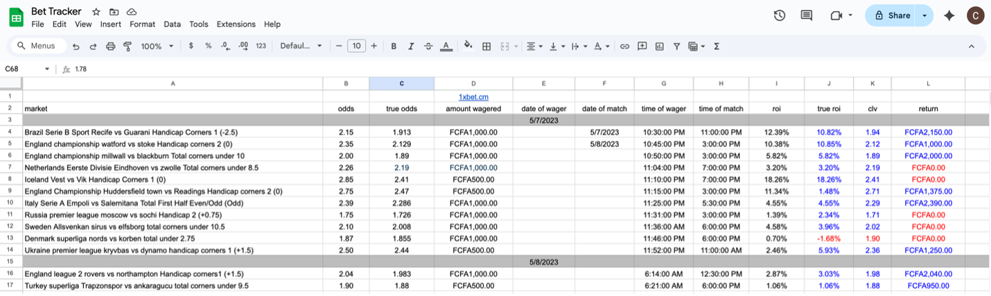 1xBet Bet Tracker Example